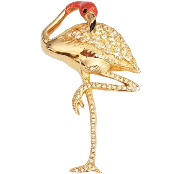 Swarovski Coral Color Enamel Clear Rhinestone Flamingo Brooch Pin M359 - Picture 2 of 10